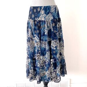 Ralph Lauren Elegant Blue Floral Silk Tier Midi Skirt Sz M Cottage Boho Dainty
